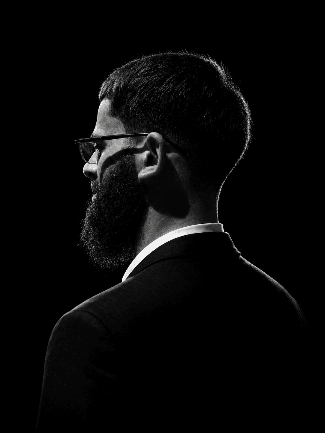 Black-and-white studio portrait